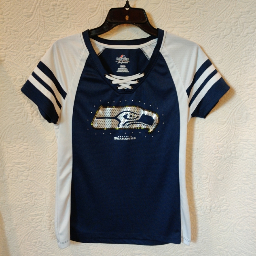 Seattle Seahawks NFL Majestic Fan Fashion Jersey Sequin Rhinestone Lace Top